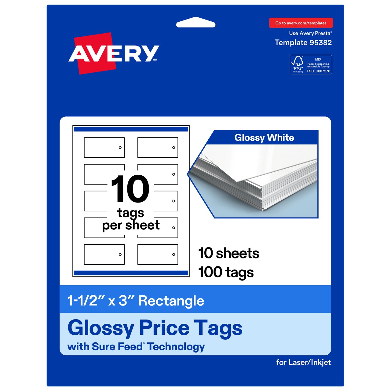 Avery Printable Rectangle Price Tags, Sure Feed Technology, 1-1/2" x 3", Glossy White Cardstock, Print-to-The-Edge, Laser/Inkjet Printable, 100 Total